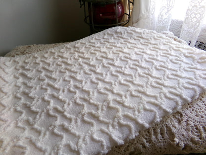 Neutral Cream Vintage Chenille Fabric, Texturized Squiggle Cotton Material, 20" x 25" inch Piece, Neutral Vintage Fabric for Quilts, Pillows