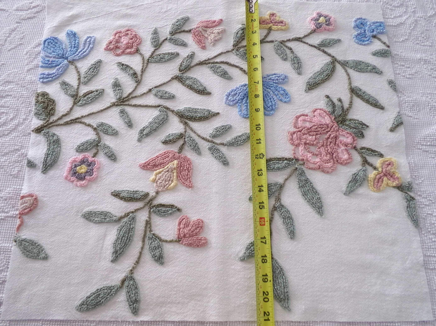 Boho Wildflowers Vintage Chenille Fabric, Natural Vining Rose Florals, 20" x 22" piece