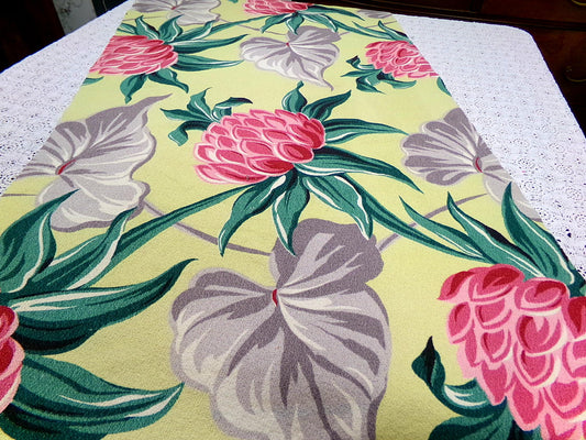 Vintage Barkcloth Fabric, Bold Pink Ginger Bloom Florals, Gray Tropical Elephant Ears 21" x40"