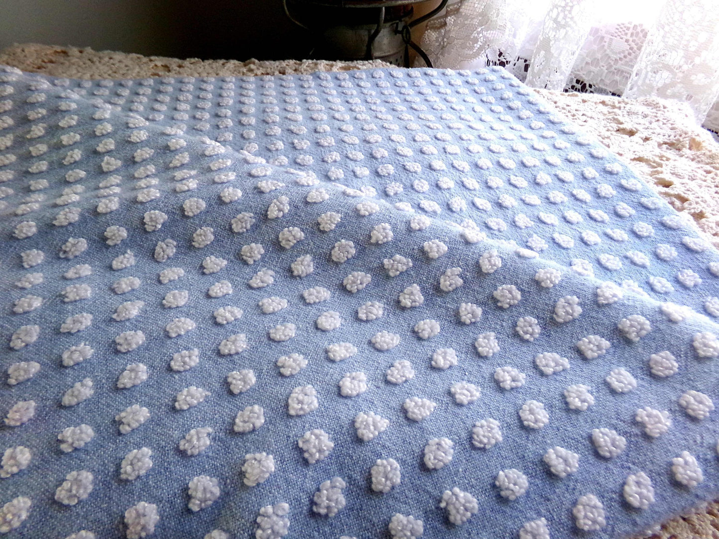 Vintage Chenille Bedspread Fabric Bubble White Pops Sky Blue 18x24" Quilt Material