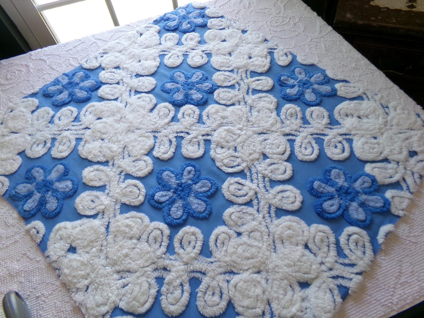 blueberry blossoms vintage chenille fabric, thickly tufted white curlicues & blue rose florals, 27" x 24" cut piece of sewing craft material