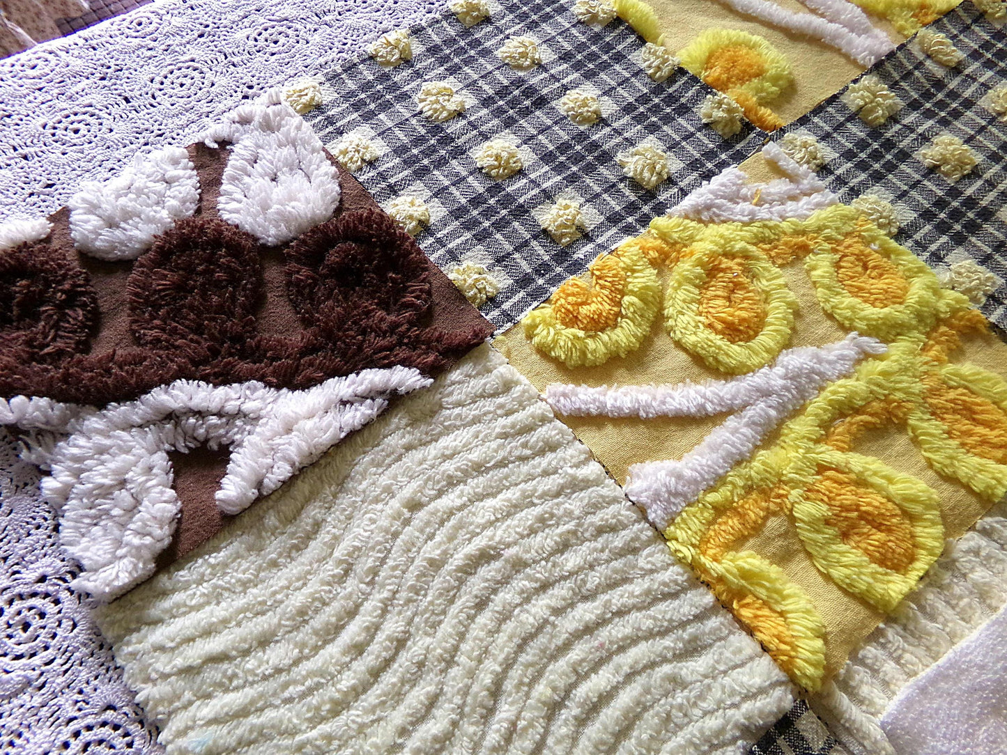 retro diner vintage 6" chenille squares, set of 16 novelty quilt blocks cut from vintage chenille bedspread fabrics, breakfast eggs & toast