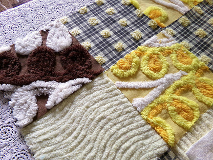 retro diner vintage 6" chenille squares, set of 16 novelty quilt blocks cut from vintage chenille bedspread fabrics, breakfast eggs & toast