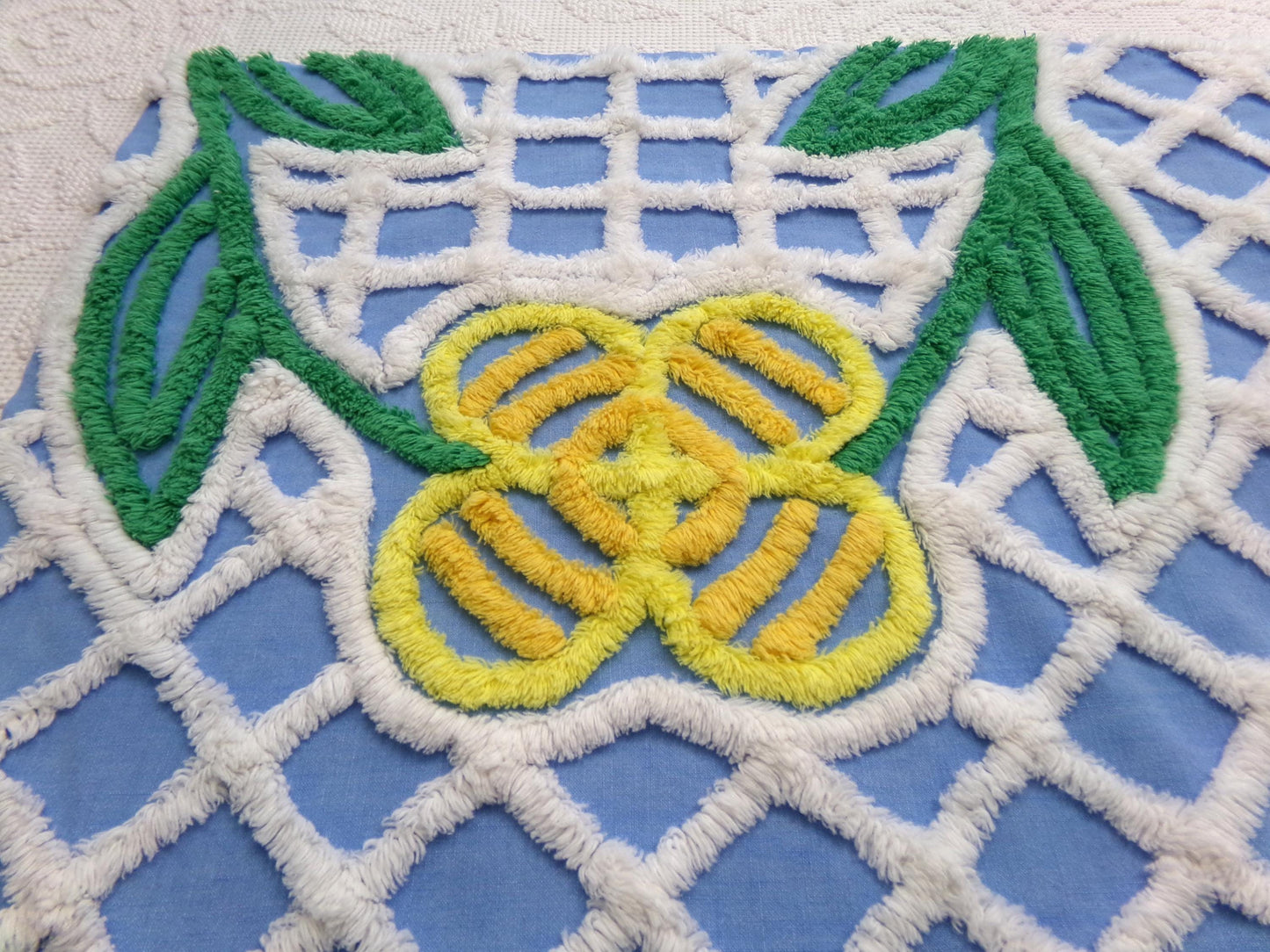 Vintage Blue Chenille Fabric, Yellow Flower on White Terrace Tuft, 22" x 23.5" Piece Sewing Quilt Material
