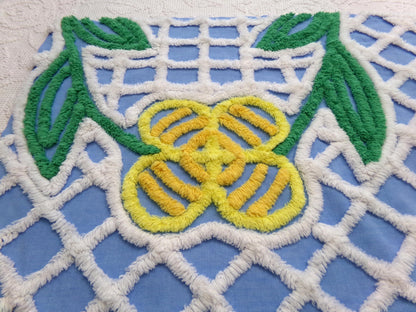 Vintage Blue Chenille Fabric, Yellow Flower on White Terrace Tuft, 22" x 23.5" Piece Sewing Quilt Material