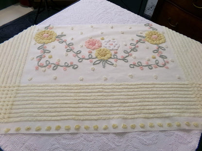 cottage floral vintage chenille fabric, buttercup yellow quilt sewing material, large 20" x 40" piece