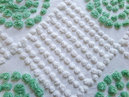 sweet shamrock green vintage chenille fabric, diamond circle pattern, 16" x 24" piece of white cotton sewing material for quilts, crafts