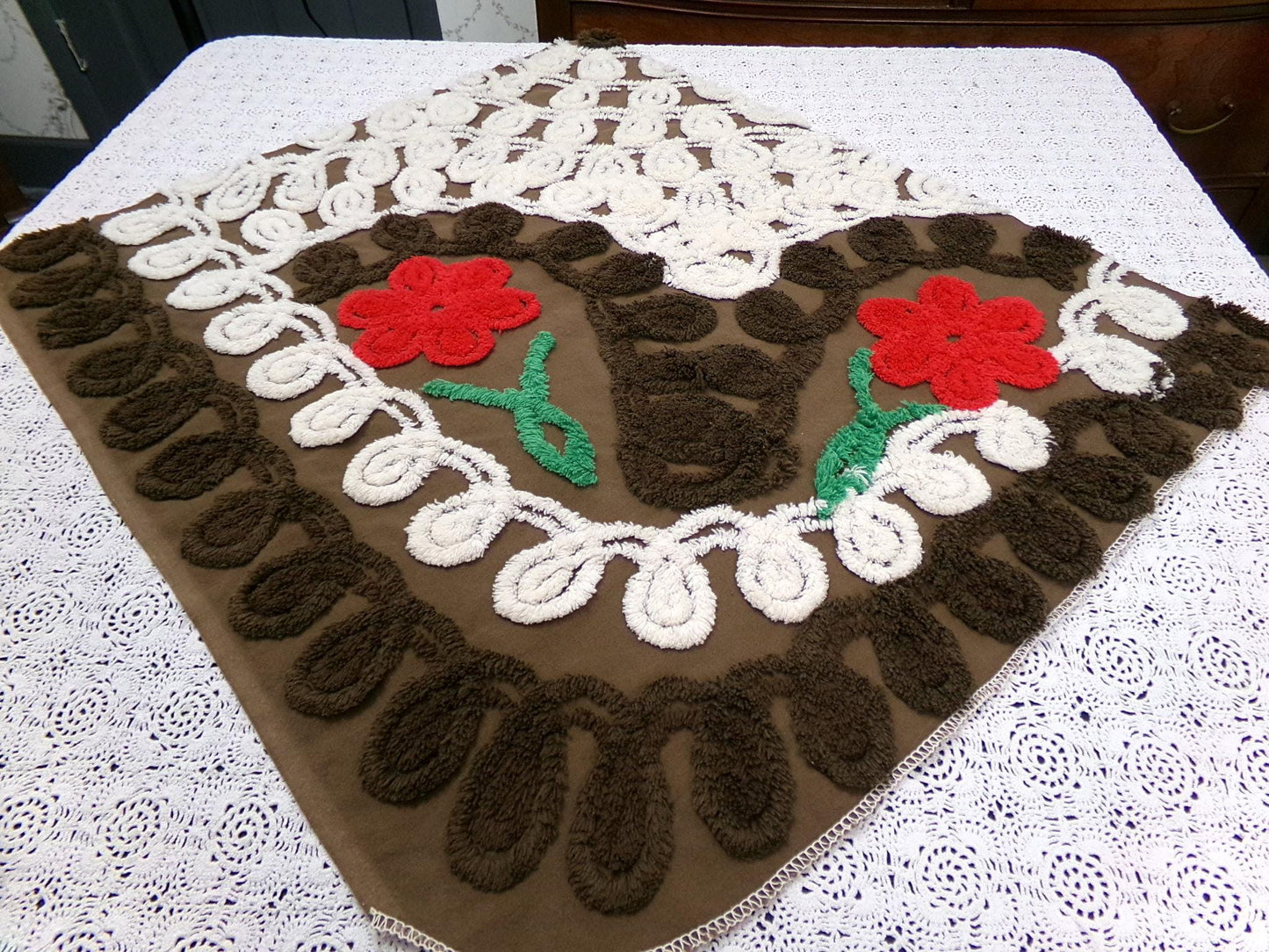 Rich Chocolate Vintage Chenille Bedspread Fabric Cherry Red Flowers 20x24"