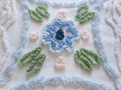 Cottage Vintage Chenille Fabric, 20" x 21" Piece Floral White Sewing Quilt Material