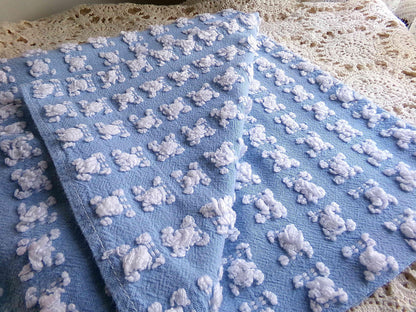 White Rosebud Vintage Chenille Fabric Piece, Beyond Beautiful Blue Rose Material for Quilts & Pillows, 24" x 20" inches