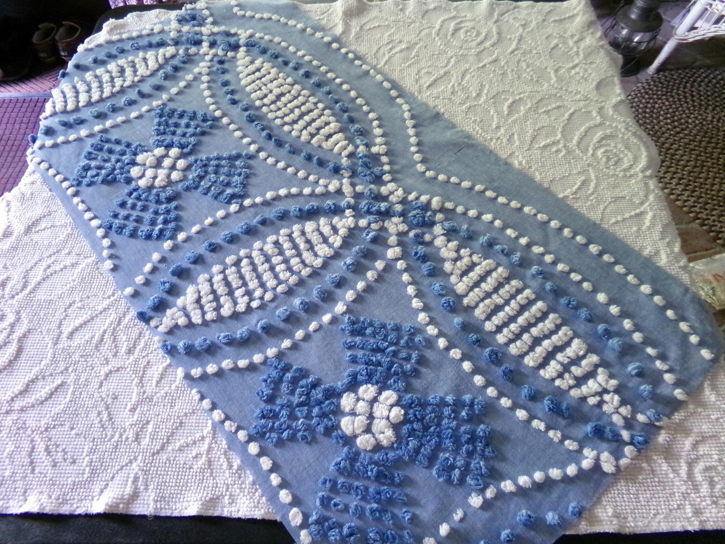 Shabby Beach Chic Vintage Chenille Fabric, Handmade Candlewick Blue & White Bow Design, 18" x 36" cut piece of cotton sewing material