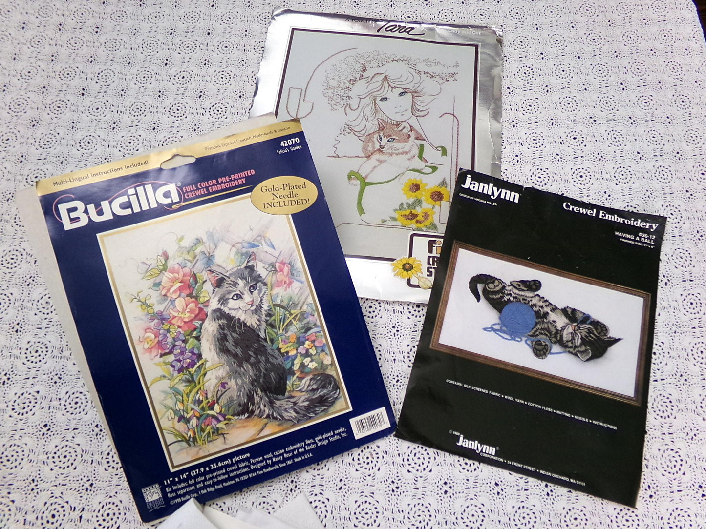Cat Lovers Crewel Embroidery Kits Lot of 3 Kitty Themed Bucilla, Janlynn, Friends Creative Stitchery