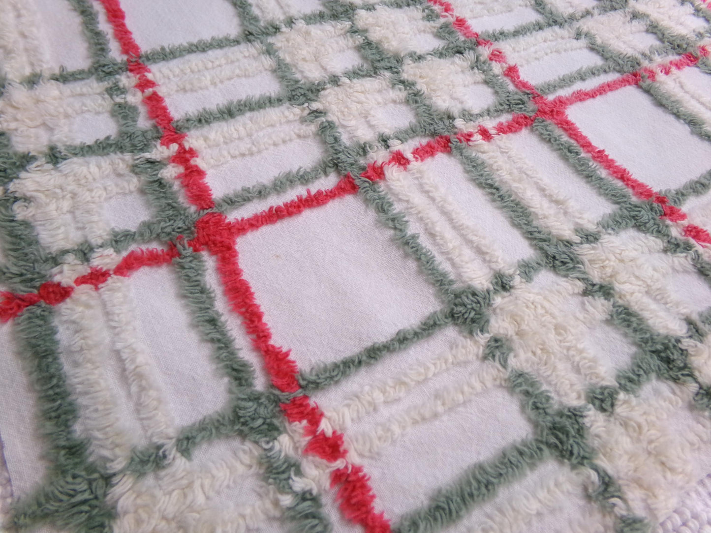 Vintage Chenille Fabric, Rustic Christmas Plaid in Muted Red, Green & Cream, Nice for Shabby Chic Holiday Quilts, 22" x 25" Cut Piece