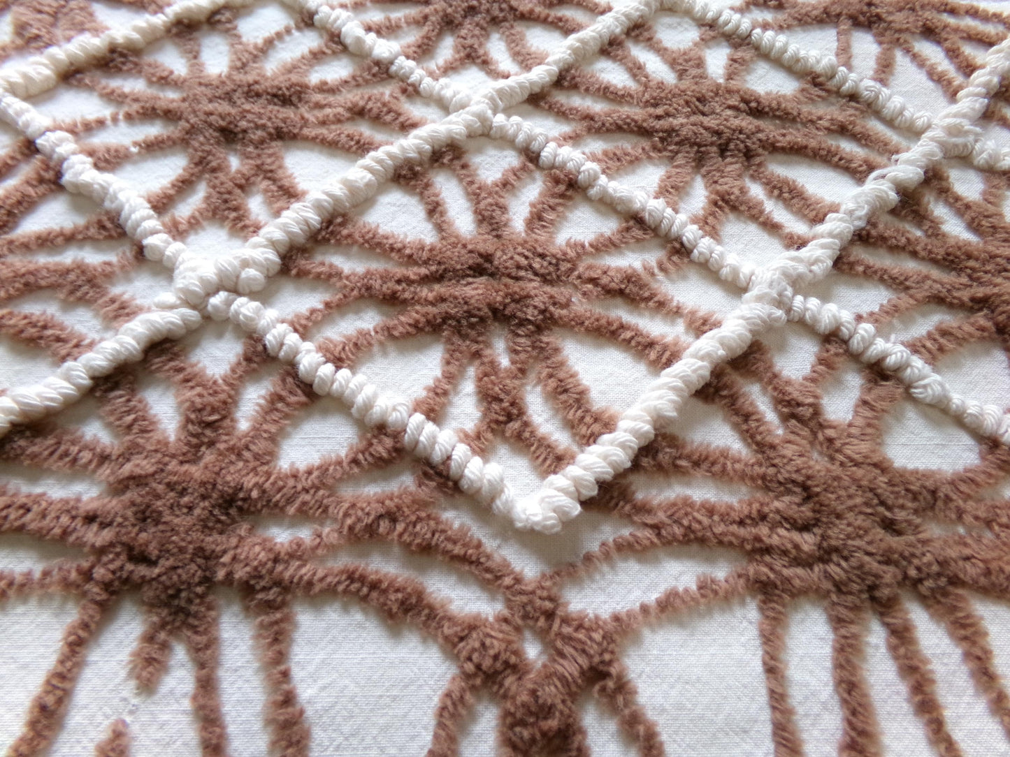 shabby cozy brown vintage chenille fabric, contrast stripe spider tuft design, 23" x 29" piece sewing & quilt material