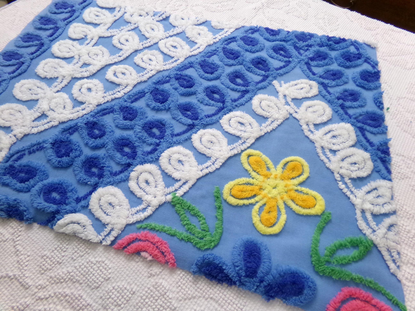 Vintage Chenille Bedspread Fabric, Boho Coastal Blue & White 16" x 23" Piece Sewing Material