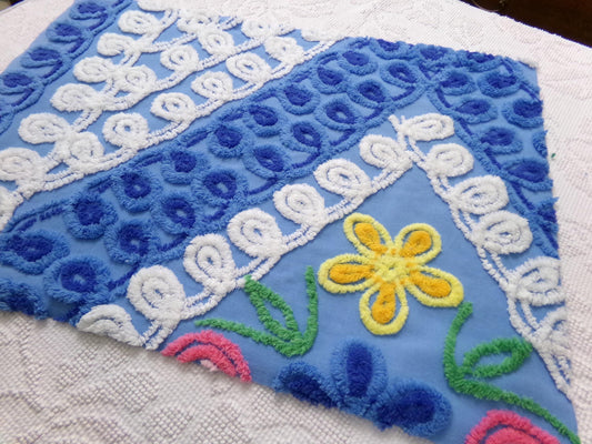 Vintage Chenille Bedspread Fabric, Boho Coastal Blue & White 16" x 23" Piece Sewing Material