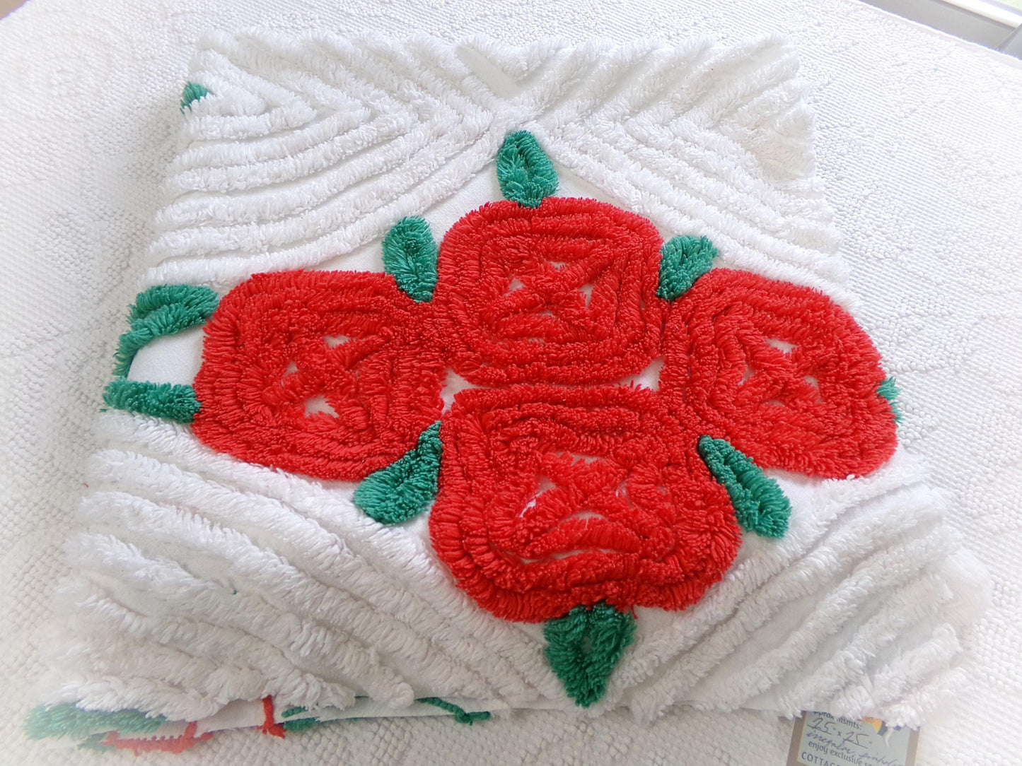 romantic red rose vintage chenille fabric: 25" x 25" piece w/ white swirl tufts & pom pom edge trim
