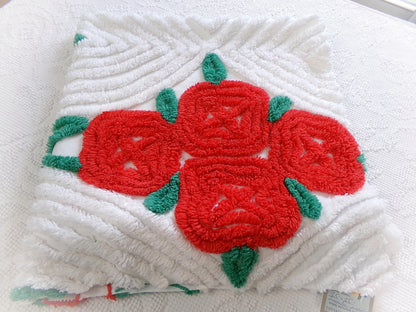 romantic red rose vintage chenille fabric: 25" x 25" piece w/ white swirl tufts & pom pom edge trim