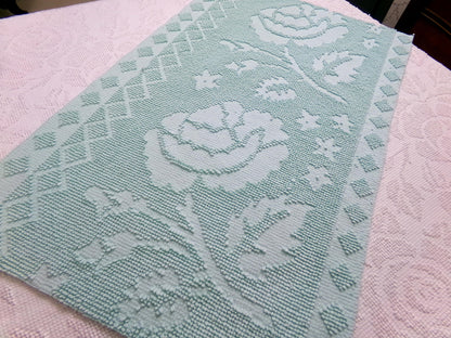 Vintage Hobnail Chenille Fabric Reversible Rose Aqua Ghost Shadow Shabby Mood 17"x27"