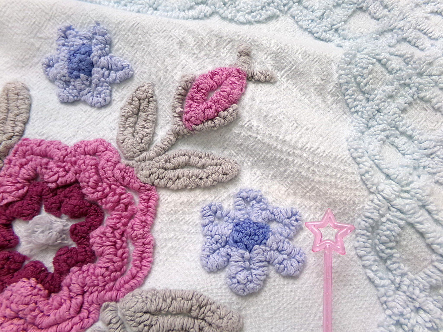 Ice Blue Vintage Chenille Fabric Double Tufted Rose Medallion Floral Lattice 23x36"
