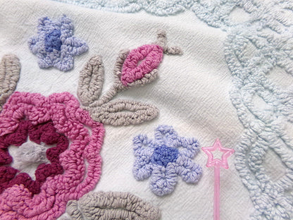 Ice Blue Vintage Chenille Fabric Double Tufted Rose Medallion Floral Lattice 23x36"