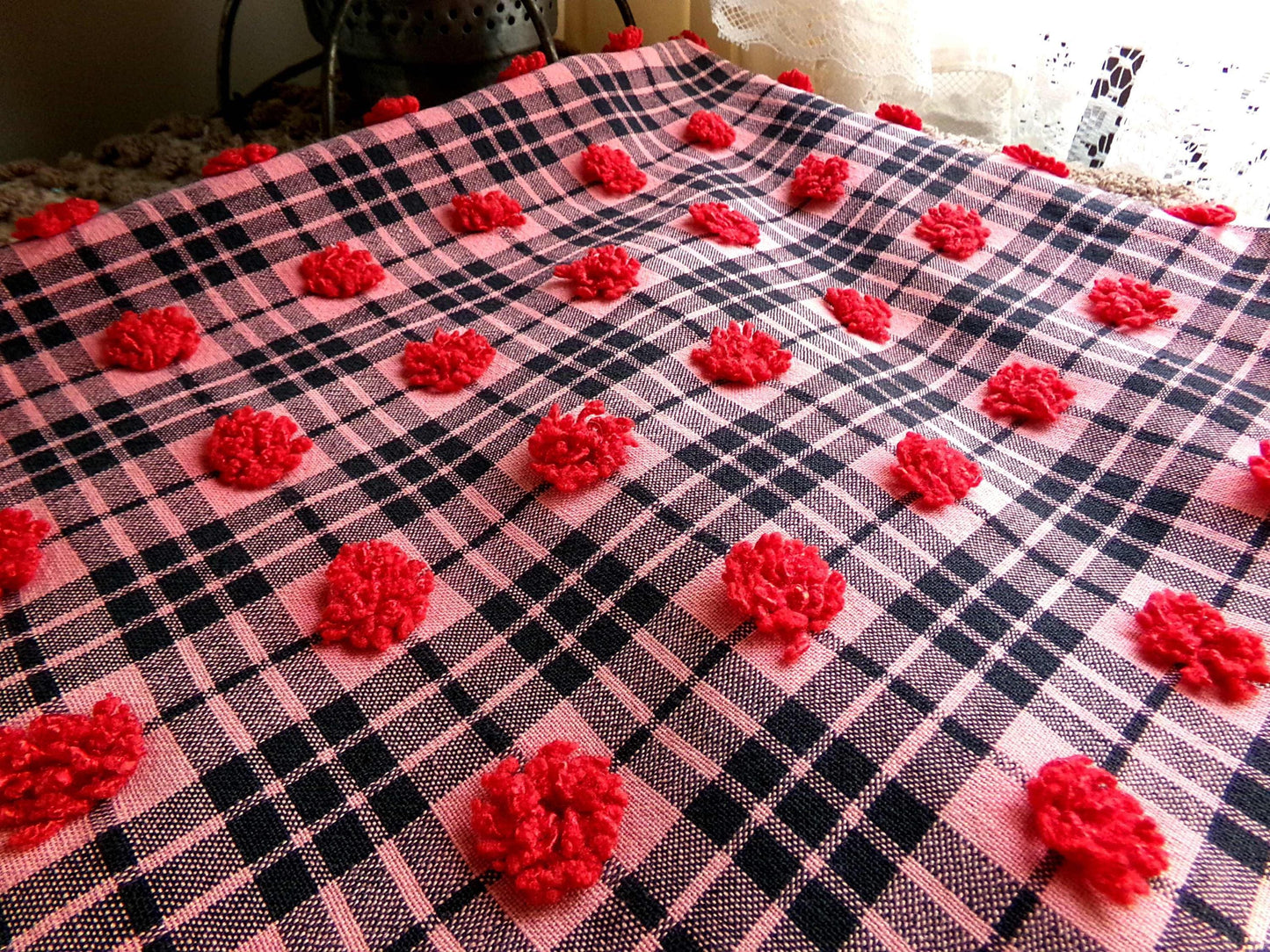 Black Tartan Plaid Vintage Chenille Bedspread Fabric, Texturized Red Dots, 19" x 26" inch Piece, Lightweight Sewing Material