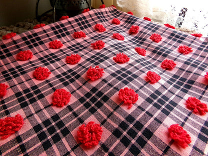 Black Tartan Plaid Vintage Chenille Bedspread Fabric, Texturized Red Dots, 19" x 26" inch Piece, Lightweight Sewing Material