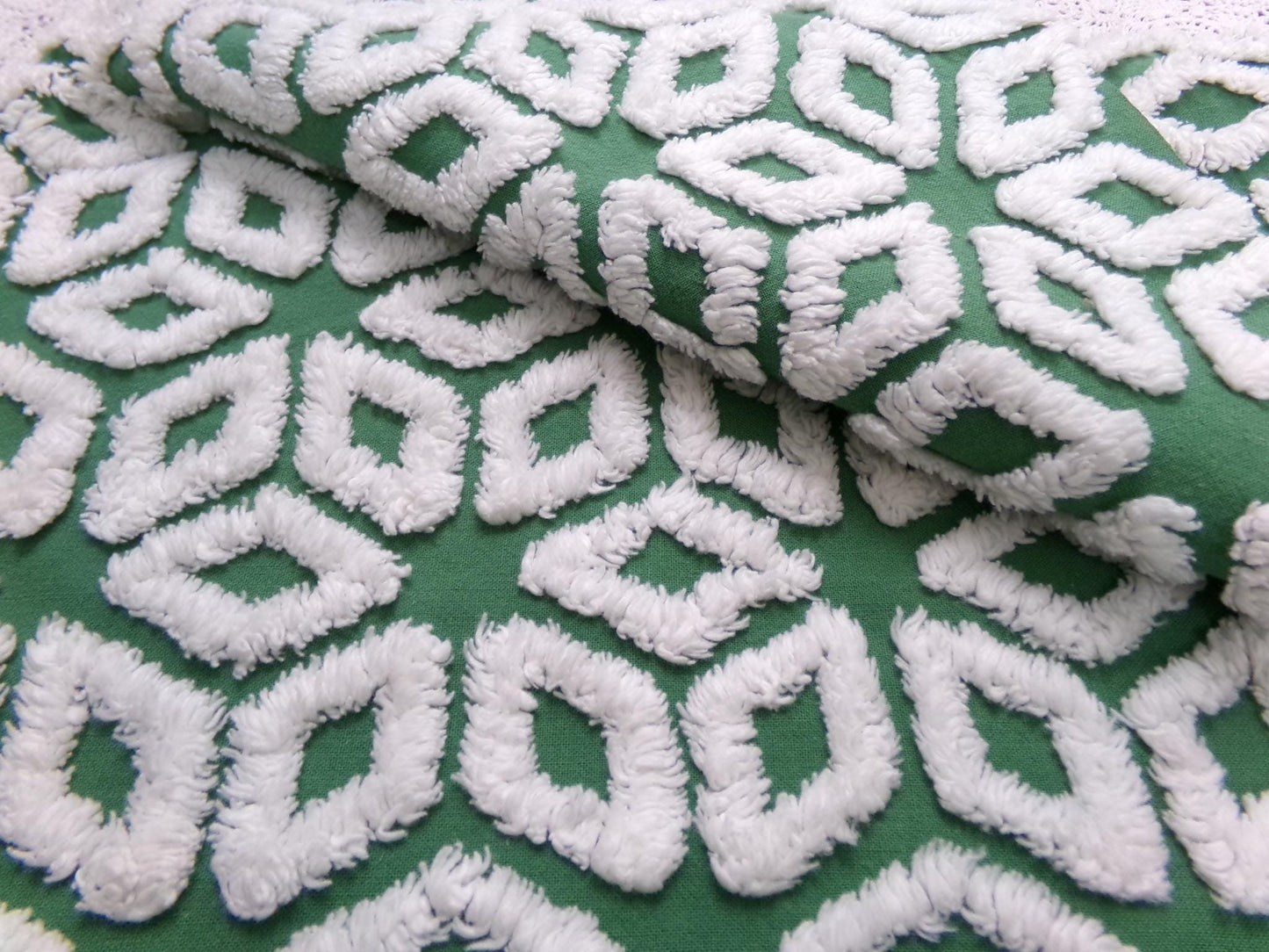White Snowflake Vintage Chenille Fabric, Christmas Green 17.5x26" Piece