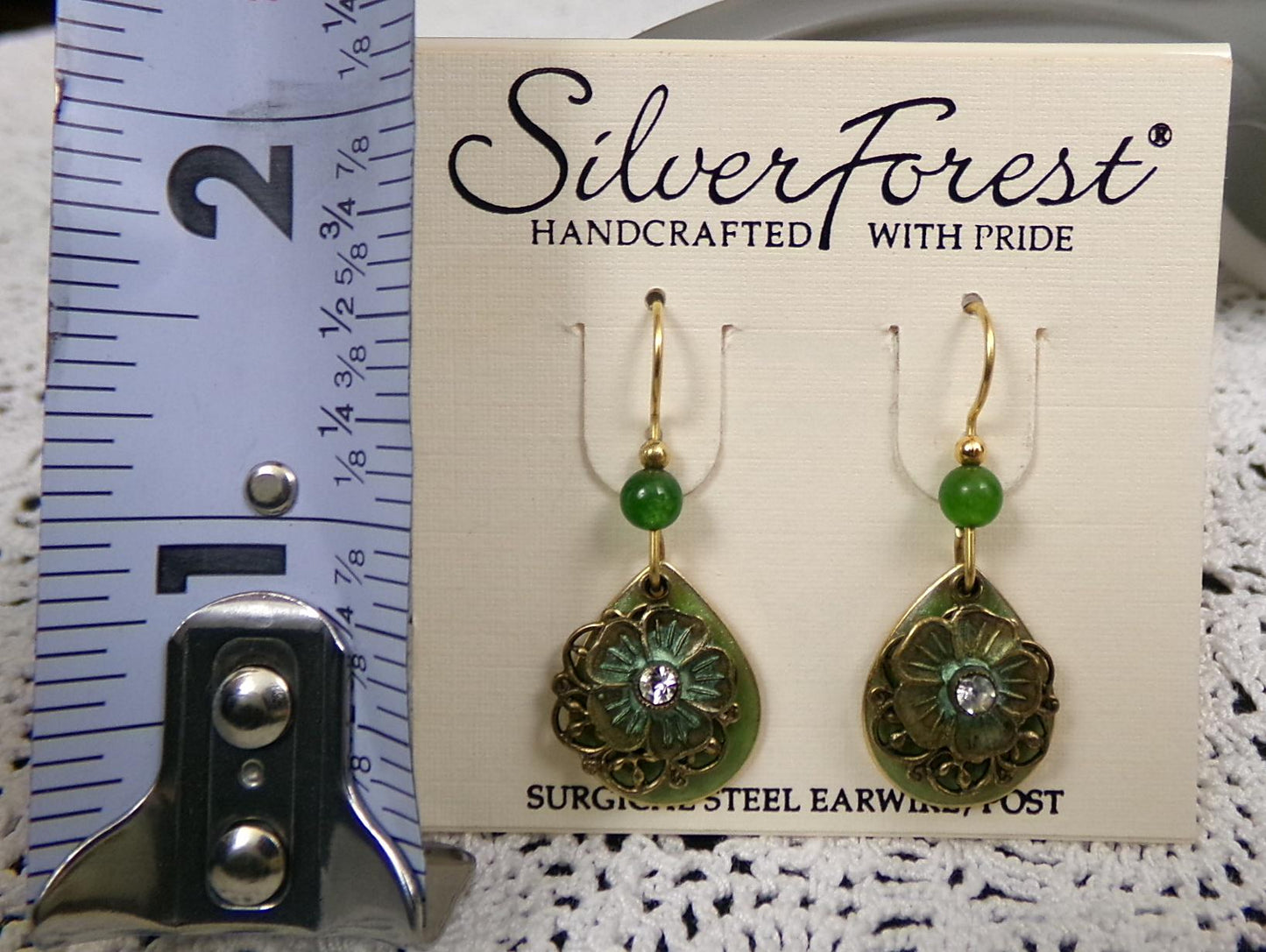 Silver Forest Dangle Earrings Vintage Style Layered Green Jade Bead Flower Teardrop