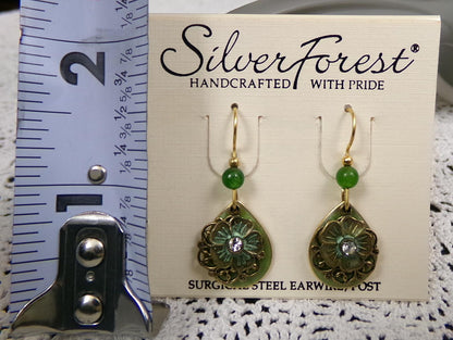 Silver Forest Dangle Earrings Vintage Style Layered Green Jade Bead Flower Teardrop