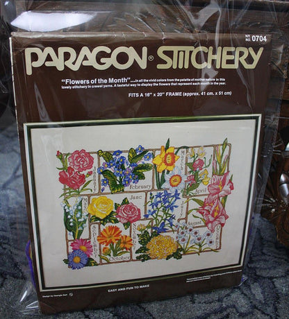 FLOWERS of the MONTH Vintage Crewel Embroidery Kit Floral Paragon Stitchery 0704