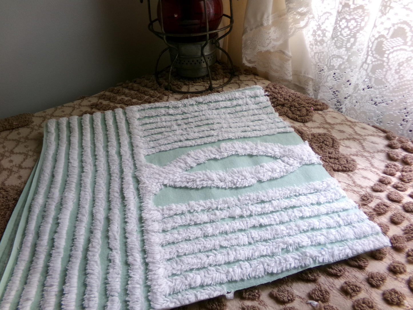 Fabric Piece from Vintage Chenille Bedspread in Mint Green & White Geometric Stripe, 12" x 22" inches
