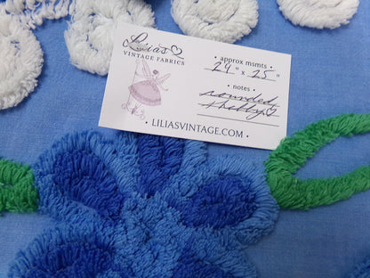 Vintage Midnight Blue Chenille Bedspread Fabric Abstract Celestial Florals 24x25"