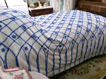 nautical vibes vintage chenille bedspread, blue dots on white cotton with cathedral stripes, full size coastal cottage bedding