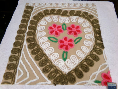 Vintage Chenille Bedspread Fabric Piece, Mocha Chocolate Cherry Floral, 24" x 23"