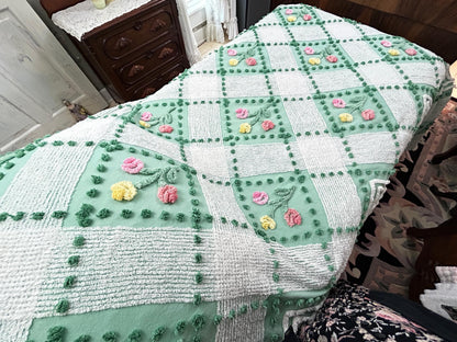 Mint Green Floral Vintage Chenille Bedspread, Cottage Garden Trellis Flowers, Full