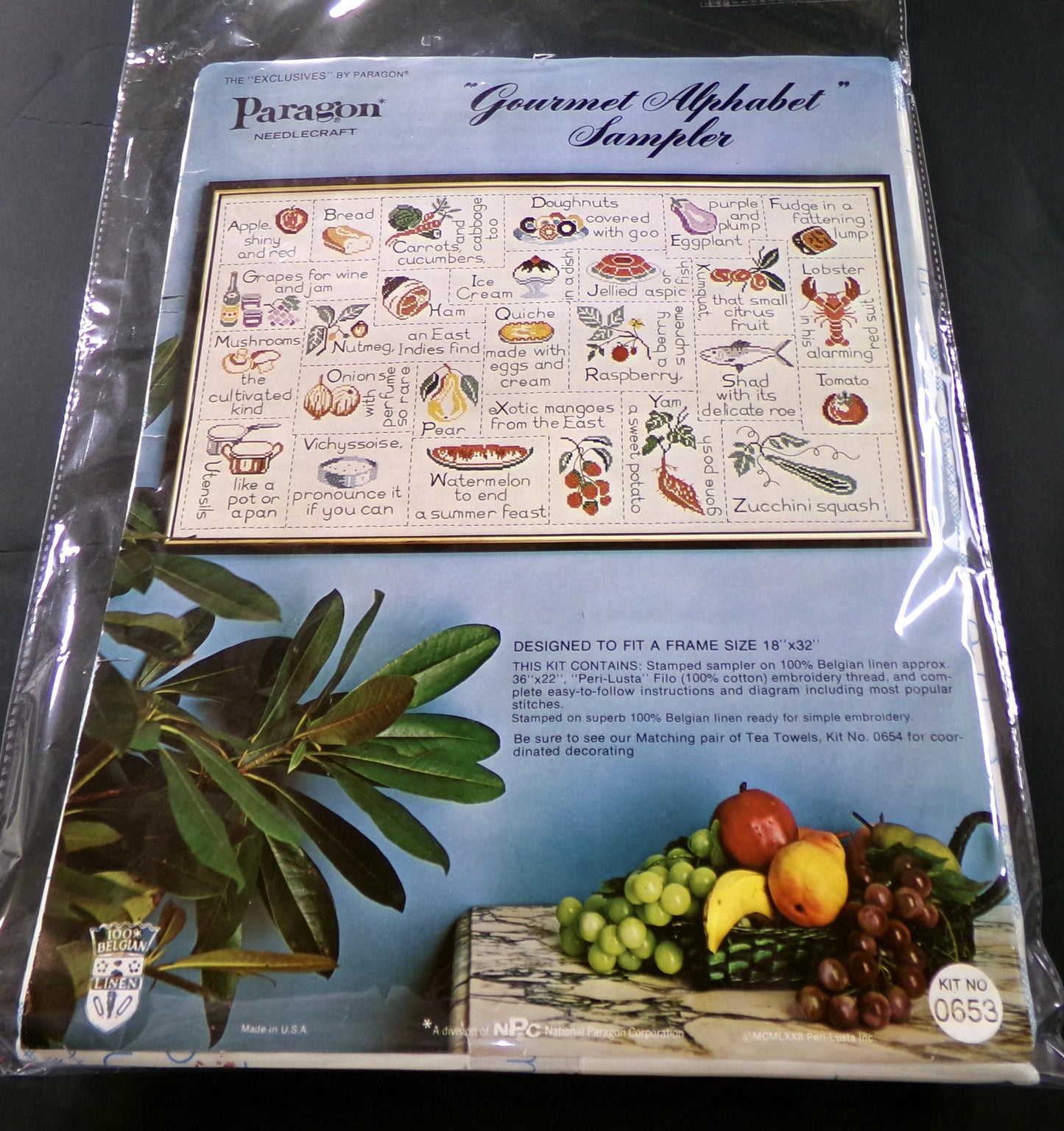 Fun Foodie GOURMET ALPHABET SAMPLER Embroidery Vintage Paragon 0653 Kitschy Kitchen Stitchery Kit
