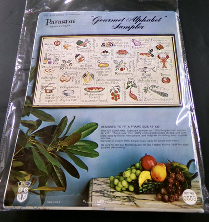 Fun Foodie GOURMET ALPHABET SAMPLER Embroidery Vintage Paragon 0653 Kitschy Kitchen Stitchery Kit