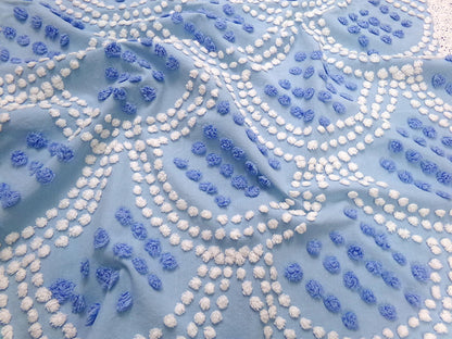 Blue Shell Scallops Vintage Chenille Bedspread Fabric Coastal Pops 24x26"