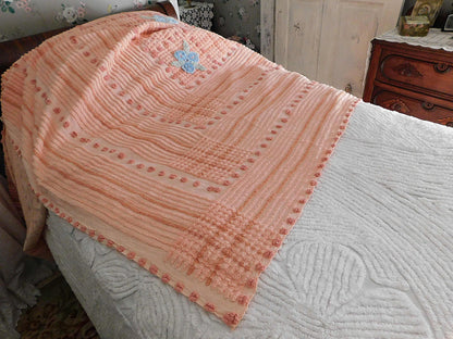 cozy plush plaid vintage chenille bedspread, blue roses on peach geometric design, full size cotton bedding