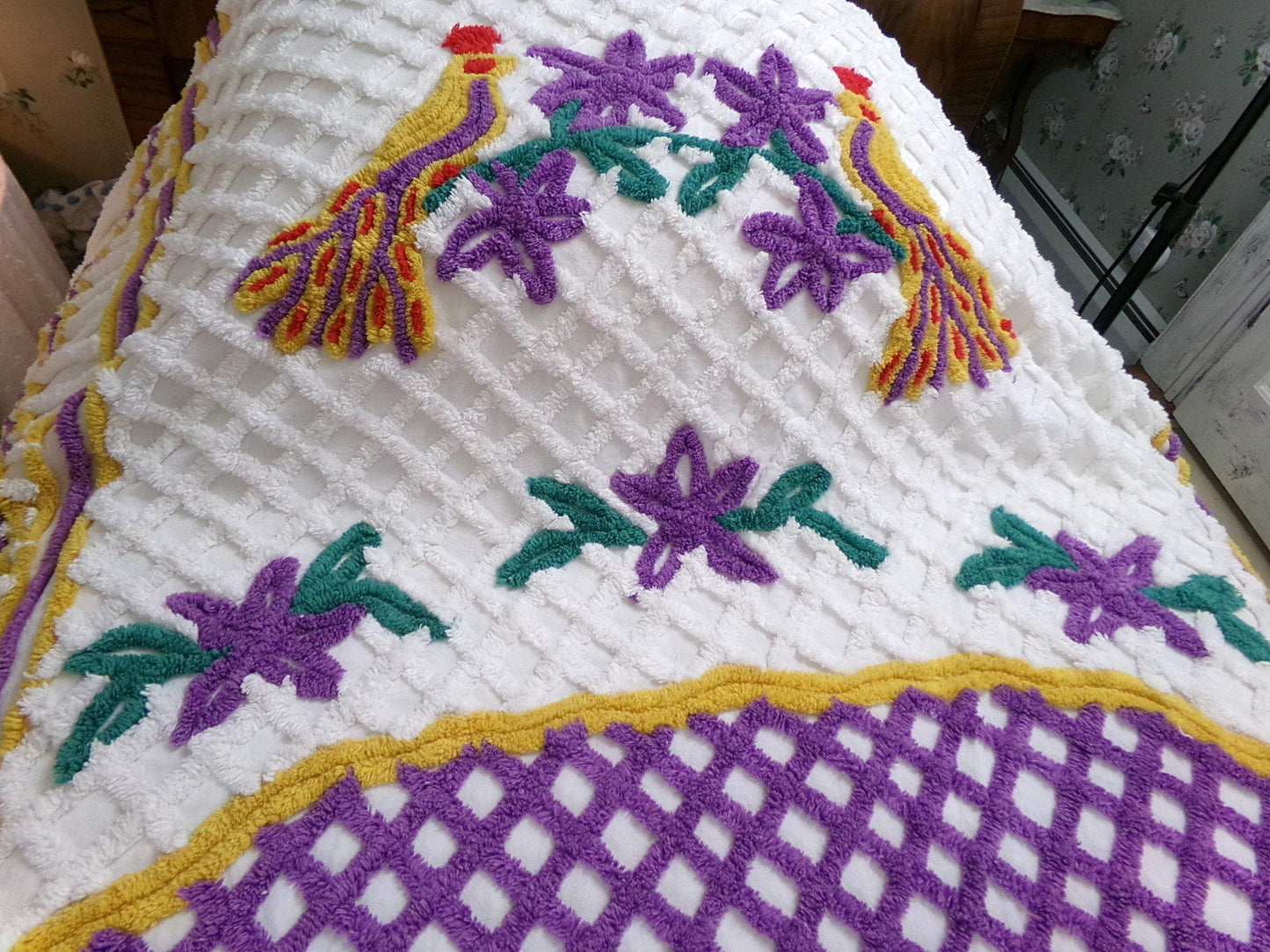 Vintage Chenille Bedspread Double Peacock Purple Gold White, Full Size