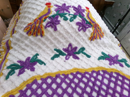 Vintage Chenille Bedspread Double Peacock Purple Gold White, Full Size