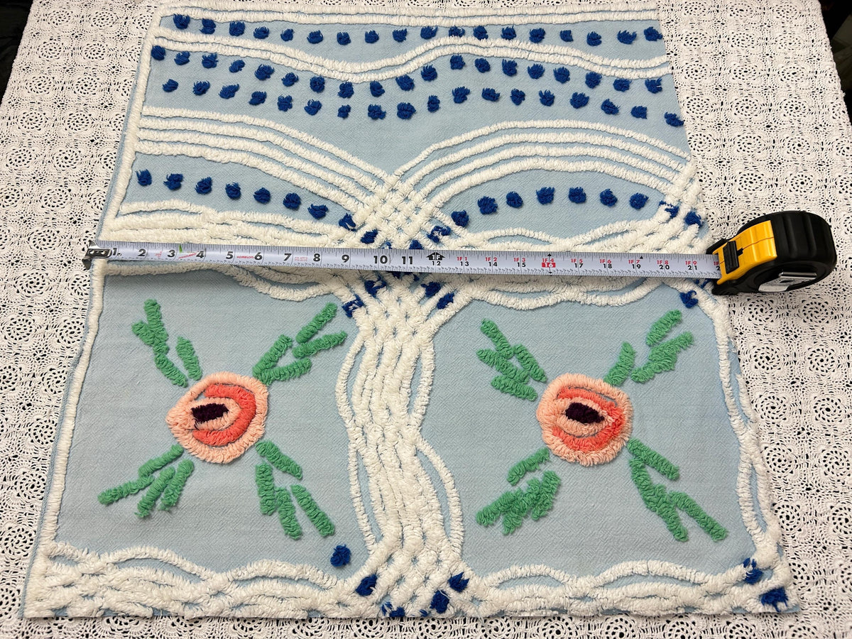 Coastal Blue Vintage Chenille Bedspread Fabric Floral 23x21" Piece