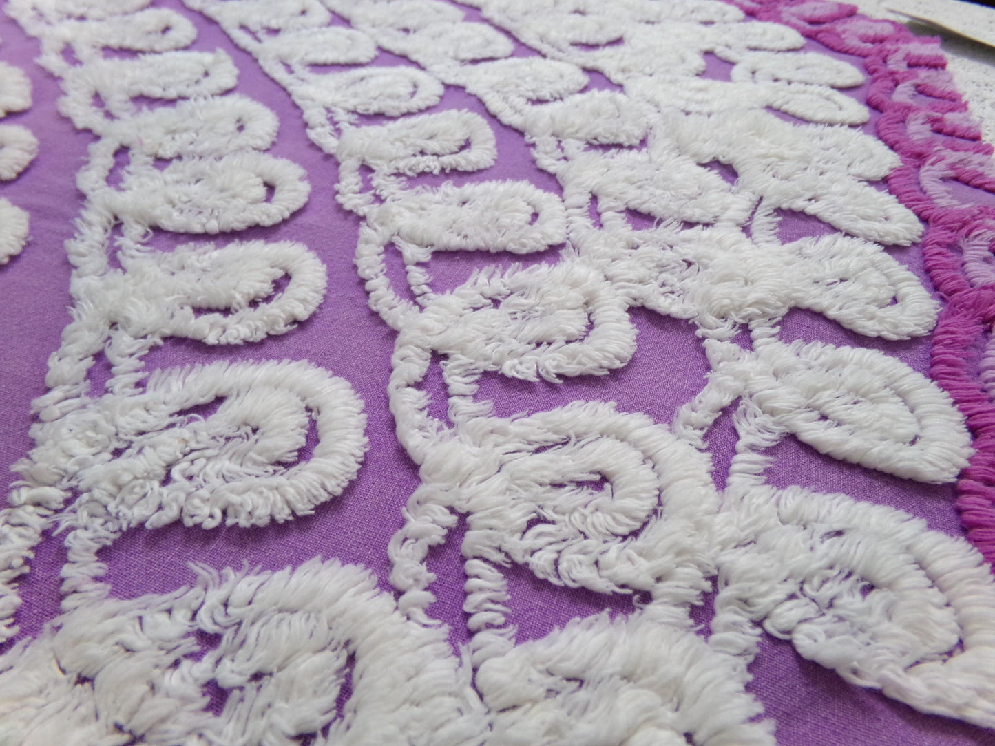 Shabby Purple & White Vintage Chenille Fabric 18 x 20" Curlicue Geometric Boho Quilt Sewing Material