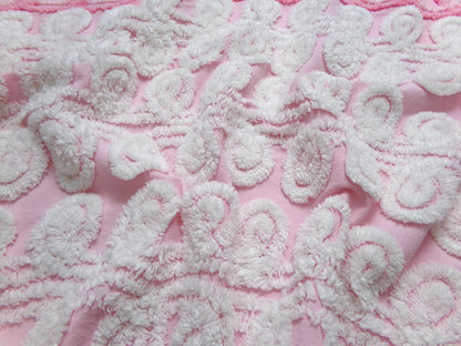 Playful Pink Vintage Chenille Bedspread Fabric White Curlicues 15" x 26"