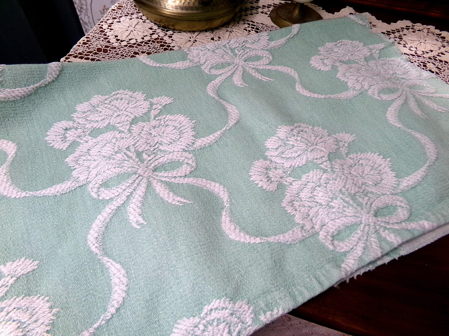 Shabby Woven Vintage Fabric Piece | Creamy White Carnation Flowers on Mint Green, 20" x 24"