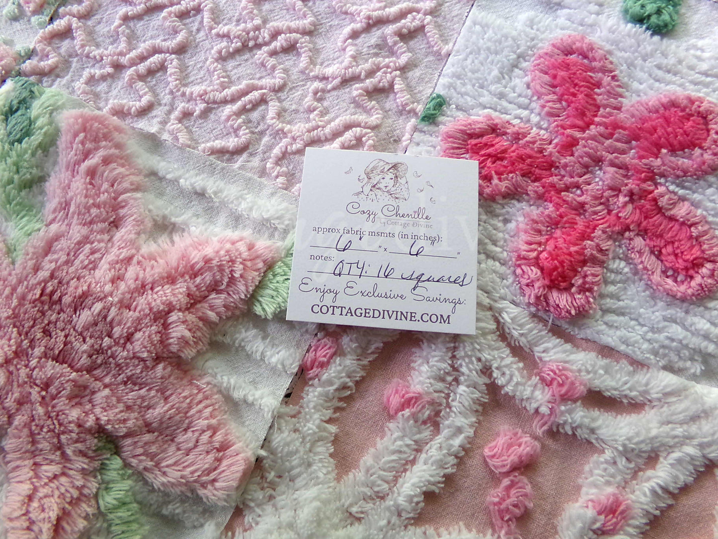 chenille 6" fabric squares, set of 16 vintage quilt blocks in joyful springtime colors of pink, green & white floral and geometric