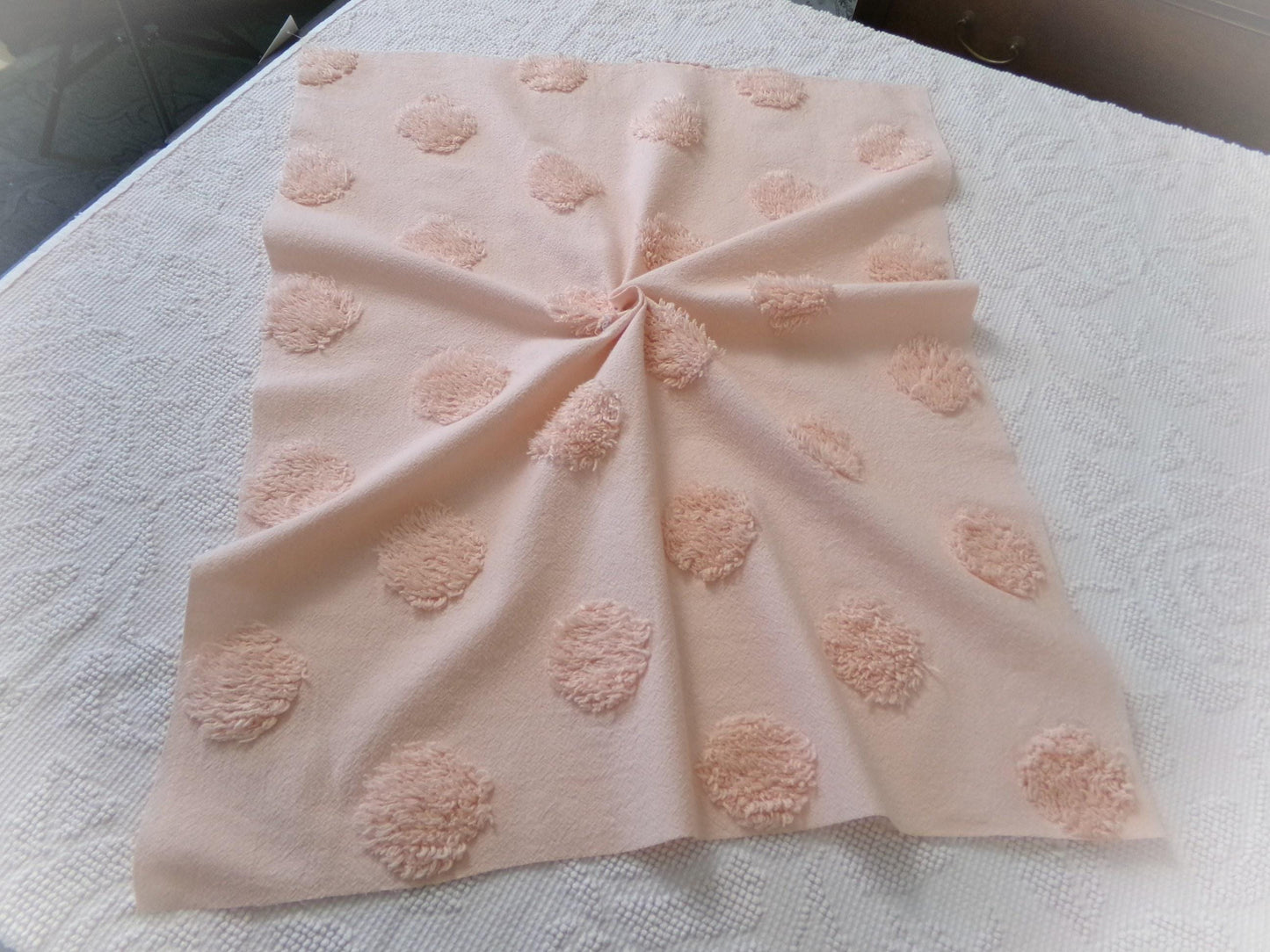 blush pink vintage style chenille fabric, large dot quilt sewing material, 18" x 24" piece
