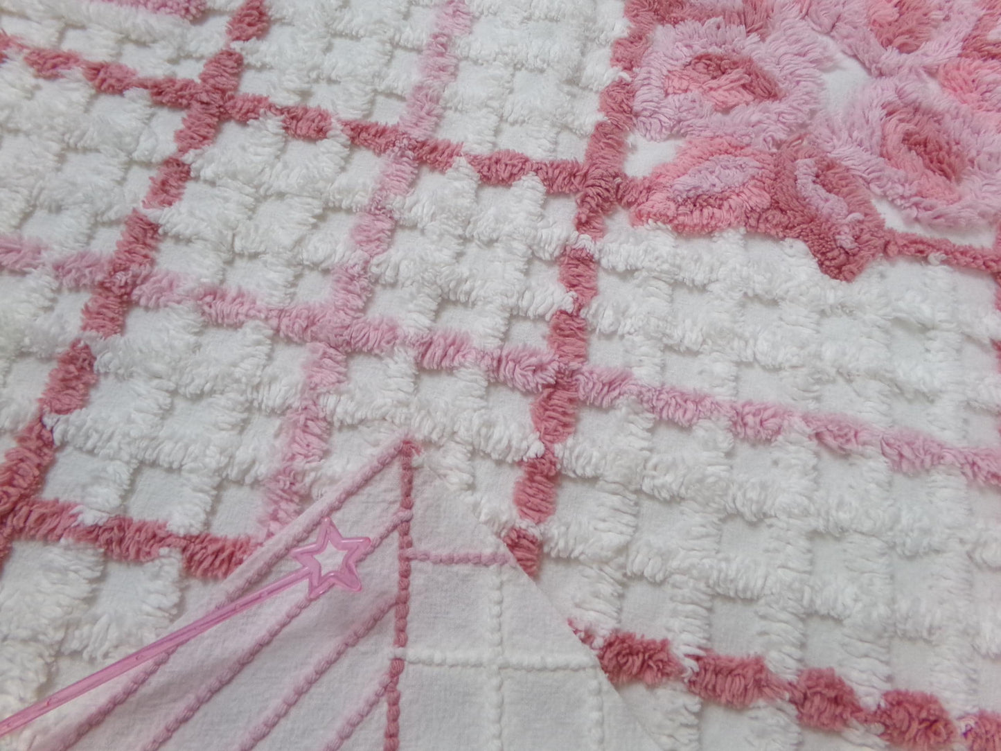 pink & white vintage chenille fabric, geometric rose floral design, 23" x 26" piece sewing material