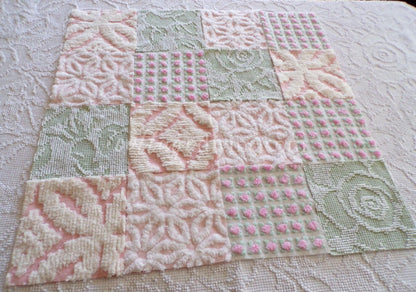 flower nymph chenille fabric squares, pink rosebuds, white daisy, sage green, 16 vintage 6" x 6" quilt squares for sewing & crafts